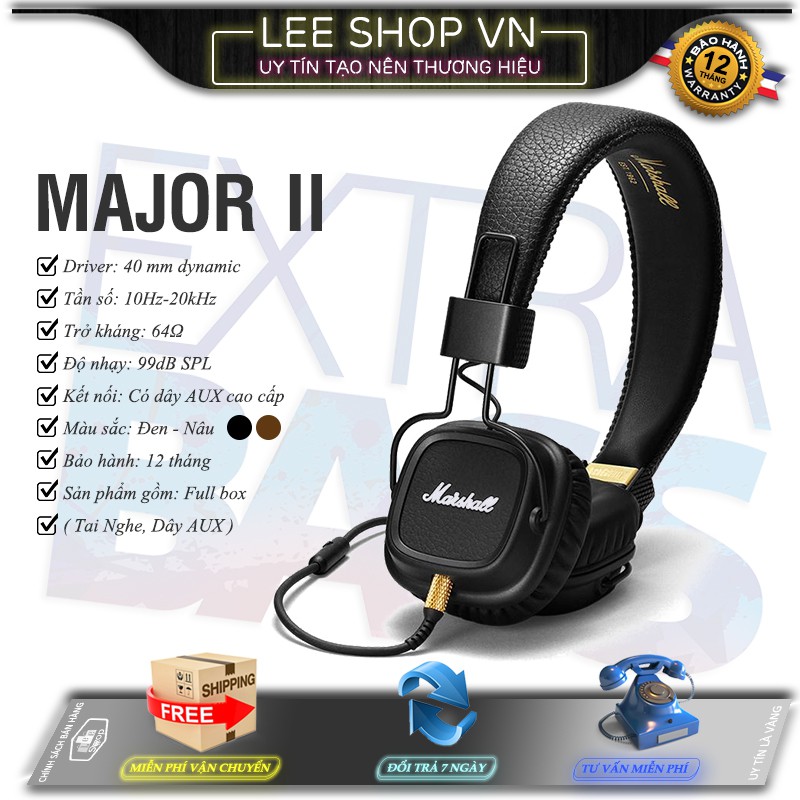 Tai Nghe Marshall Major 2 Lee Shop VN - Kèm Quà Tặng Hấp Dẫn - Nghe Nhạc Cách Âm Siêu Đỉnh - Đẳng Cấp Âm Thanh