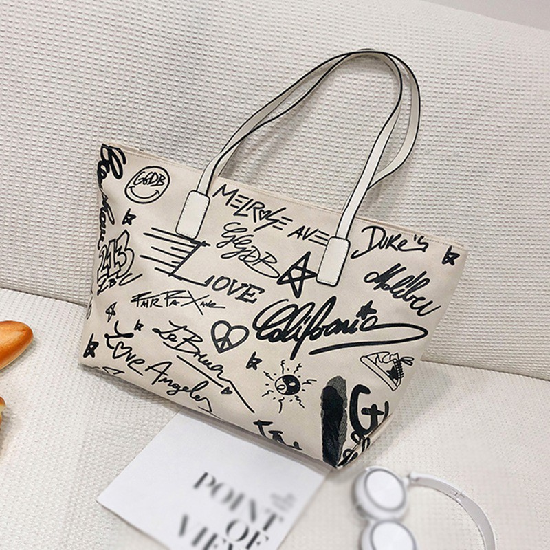 Túi Vải Canvas Đeo Vai Có Khóa Kéo Họa Tiết Graffiti Thời Trang Cho Nữ