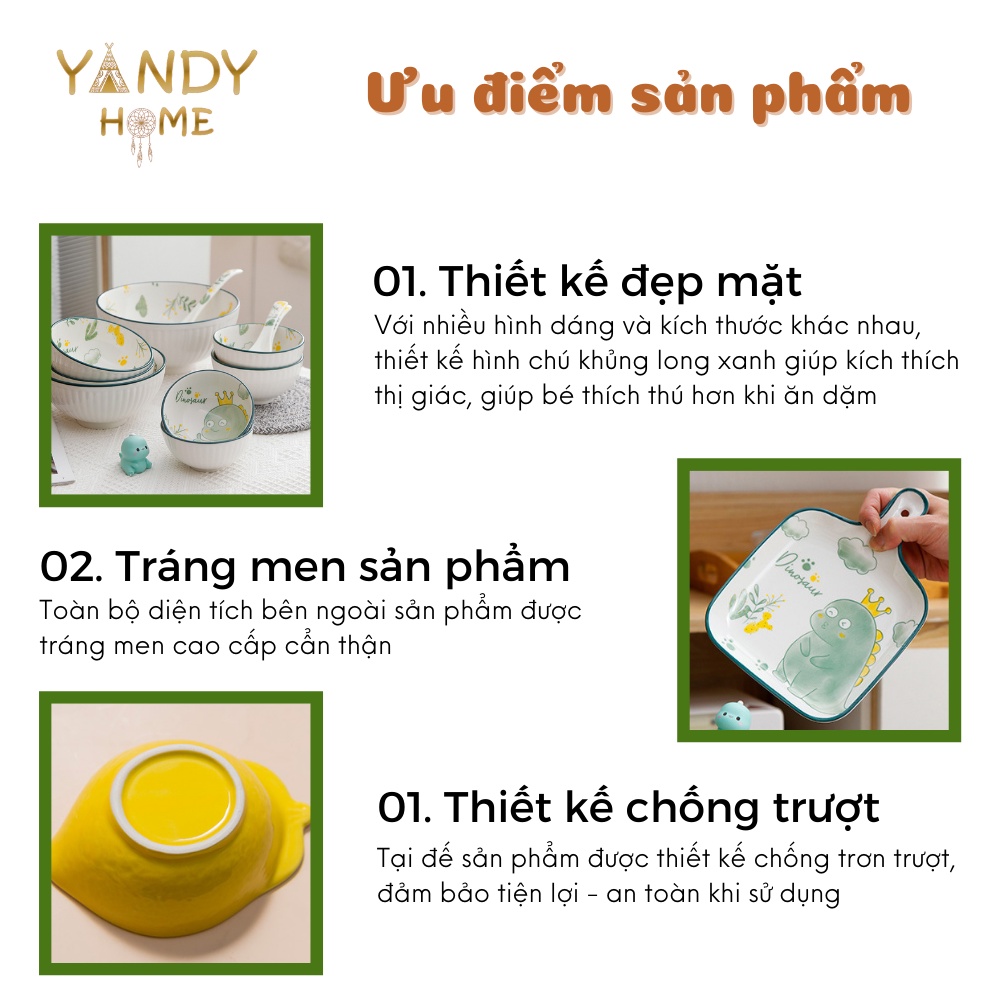 [Chọn lẻ] Bộ chén dĩa bát đĩa gốm sứ YANDY HOME BB04 họa tiết khủng long men đẹp bóng