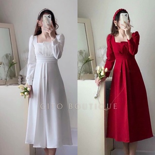 Đầm thiết kế dự tiệc midi tay dài - váy trắng nude đỏ - gd149