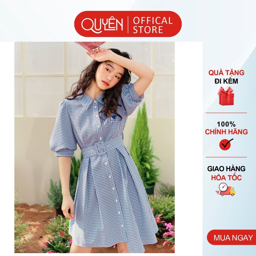 Đầm kẻ sơ mi công sở, váy xòe tay phồng, túi ngực in hình trẻ trung Quyên Fashion DL271, kẻ caro xanh