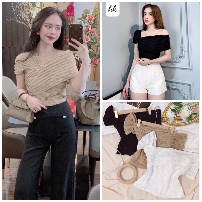 Áo kiểu nữ gân sóng lệch vai cá tính sexy- Áo trễ vai hot hit ngắn tay chất đũi xốp