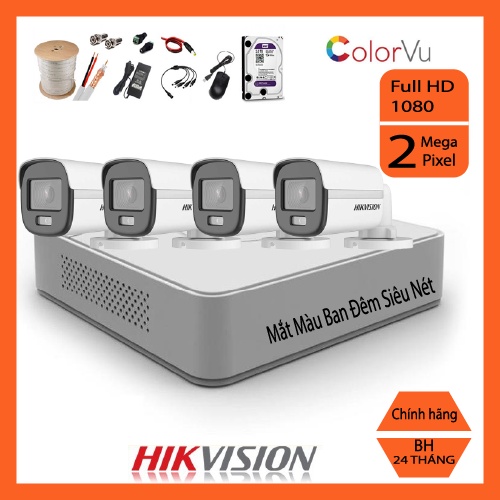 {GIẢM GIÁ} Trọn Bộ 4 Camera Giám Sát Ban Đêm Có Màu HIKVISION Chính Hãng Full HD 1080 - Đầy Đủ Phụ Kiện Lắp Đặt