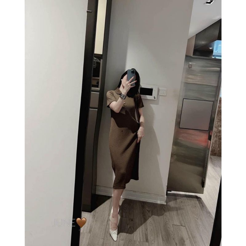 Váy polo xốp khuy đồng 2 màu Đen, Nâu