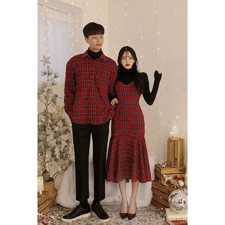 Đồ đôi nam nữ Set áo váy sơ mi Hàn Quốc dáng dài(có ảnh thật)