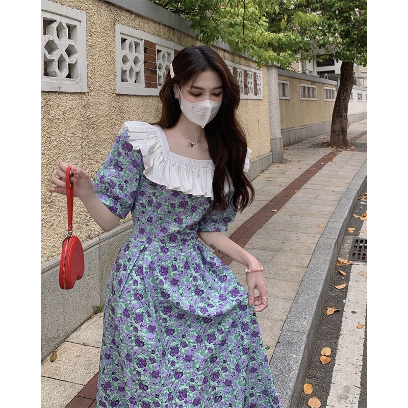 Đầm Hoa Tay Phồng Nhấn Eo Phong Cách retro Pháp Nữ Tính