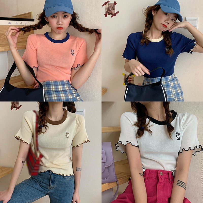 Áo Croptop Dệt Kim Cổ Tròn Hoạ Tiết Kẻ Sọc Phong Cách Retro