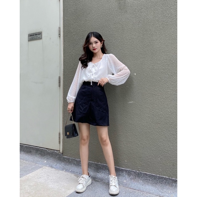 Áo kiểu nữ bánh bèo, voan tay phồng Nina Top LUCETFASHION, áo kiểu nữ dễ thương