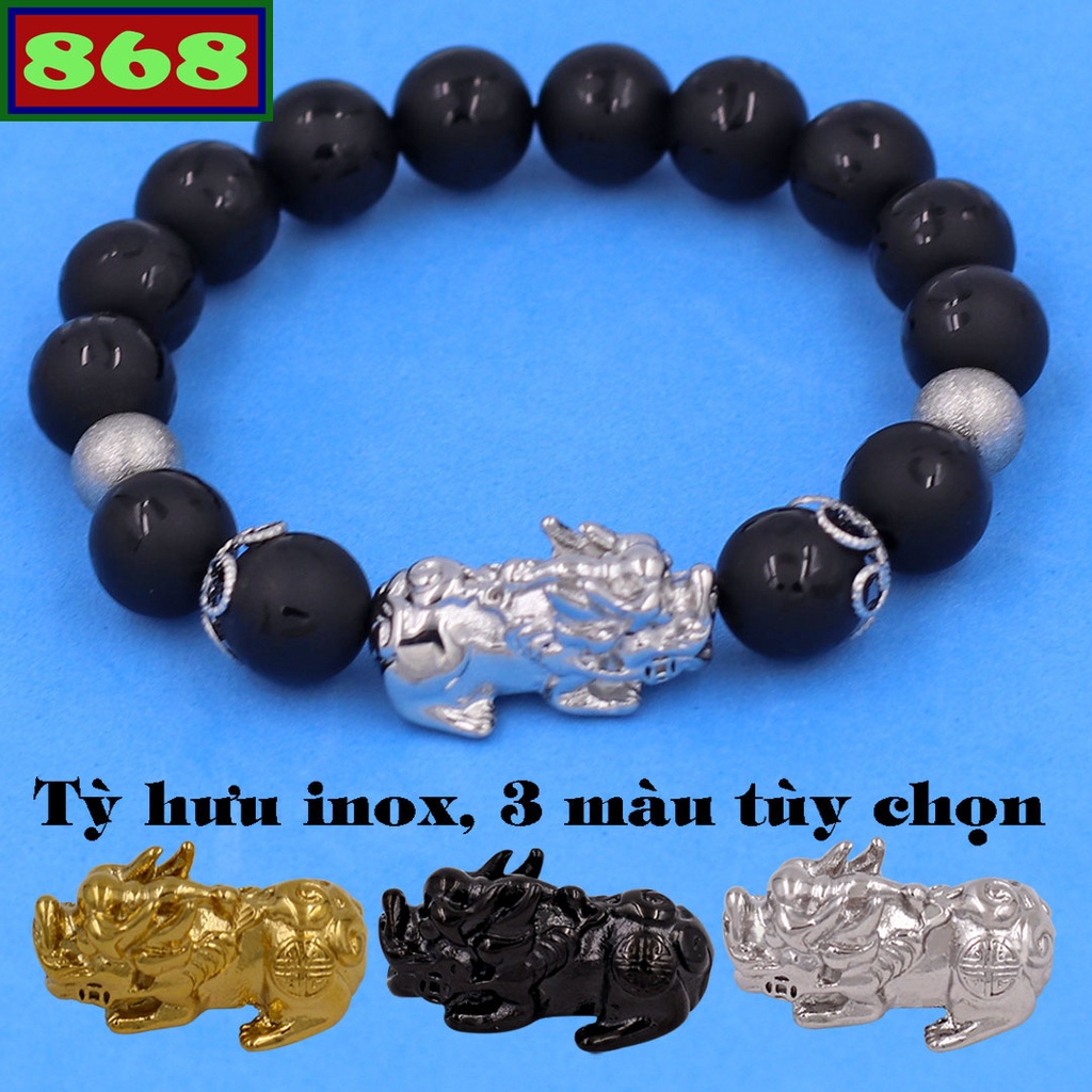 Vòng chuỗi đeo tay đá đen mờ khắc Lục tự kim ngôn charm tỳ hưu inox, bi inox, khía bông inox, từ hạt 8 ly đến 12 ly