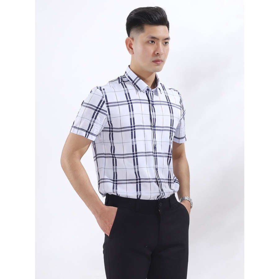 Áo sơ mi nam ngắn tay ARISTINO ASS106S8 kẻ caro xanh lớn, chất modal sợi sồi, dáng slimfit - tà lượn