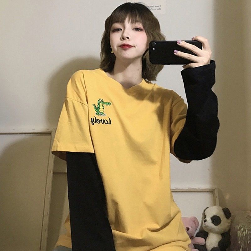 Áo Hoodie Nữ Tay Dài Giả Hai Lớp Dáng Rộng Phong Cách Hàn Quốc
