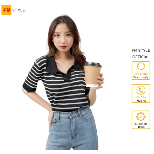 Áo len dệt kim nữ FM Style cổ tròn tay ngắn Hàn Quốc kẻ sọc ngang có cổ phong cách Ulzzang 210717045