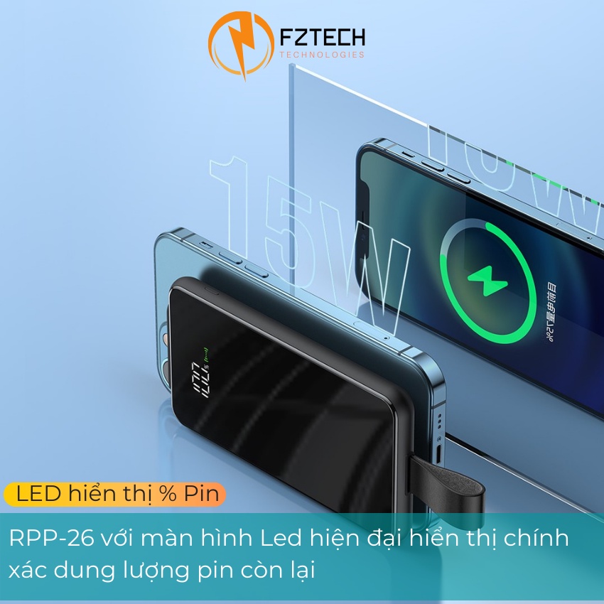 Sạc dự phòng không dây 10000mAh Remax RPP-226 FZTECH Pin dự phòng sạc nhanh  Màn hình LED hiển thị dung lượng pin