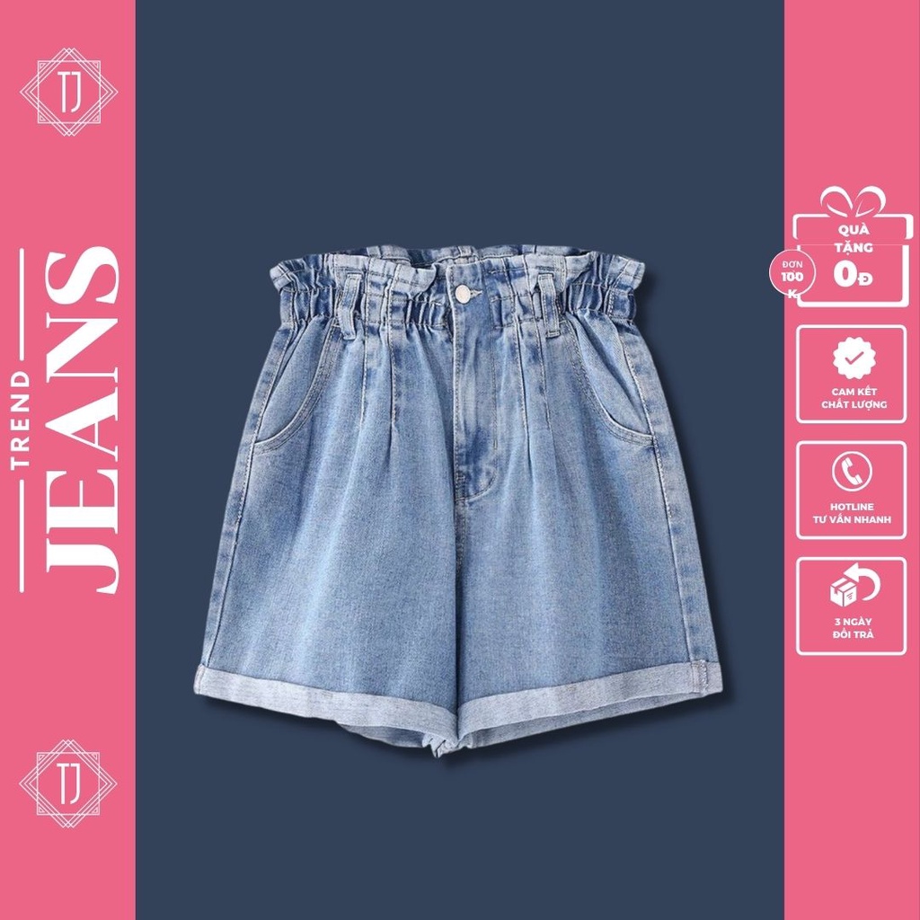 Quần short jeans nữ lưng chun thoải mái gấp gấu tạo kiểu