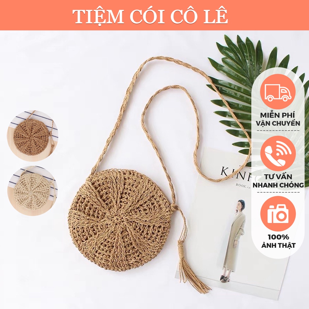 Túi cói dáng tròn đi biển đeo vai size 20cm - Tiệm Cói Cô Lê