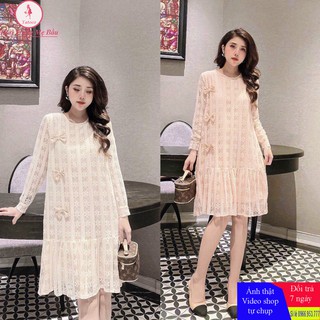 Váy bầu ren cao cấp hoạ tiết nơ new 2 màu max xinh 50 -75kg ( hình thật + hàng chuẩn trước sau sinh)