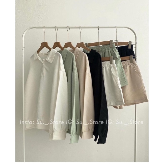 Set Basic Áo Cổ Somi Tay Dài Kèm Quần Short Dáng Năng Động
