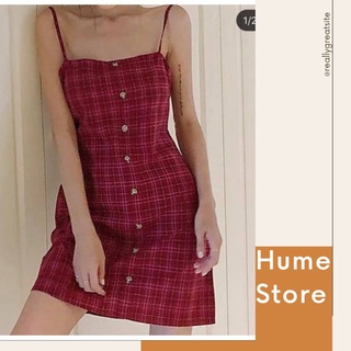 Đầm 2 dây nữ caro kẻ đỏ dáng lỡ nơ lưng