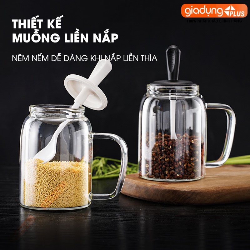Hủ đựng gia vị muỗng liền nắp thông minh có nắp đậy kín thuỷ tinh borosilicate 380ml, có tay cầm chắc chắn PHALEDO