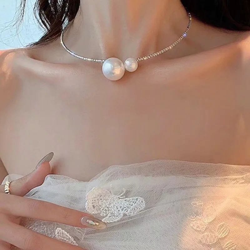 Vòng Cổ Hở Đính Ngọc Trai Lớn Thanh Lịch / Có Thể Điều Chỉnh Thời Trang Phong Cách Hàn Quốc
