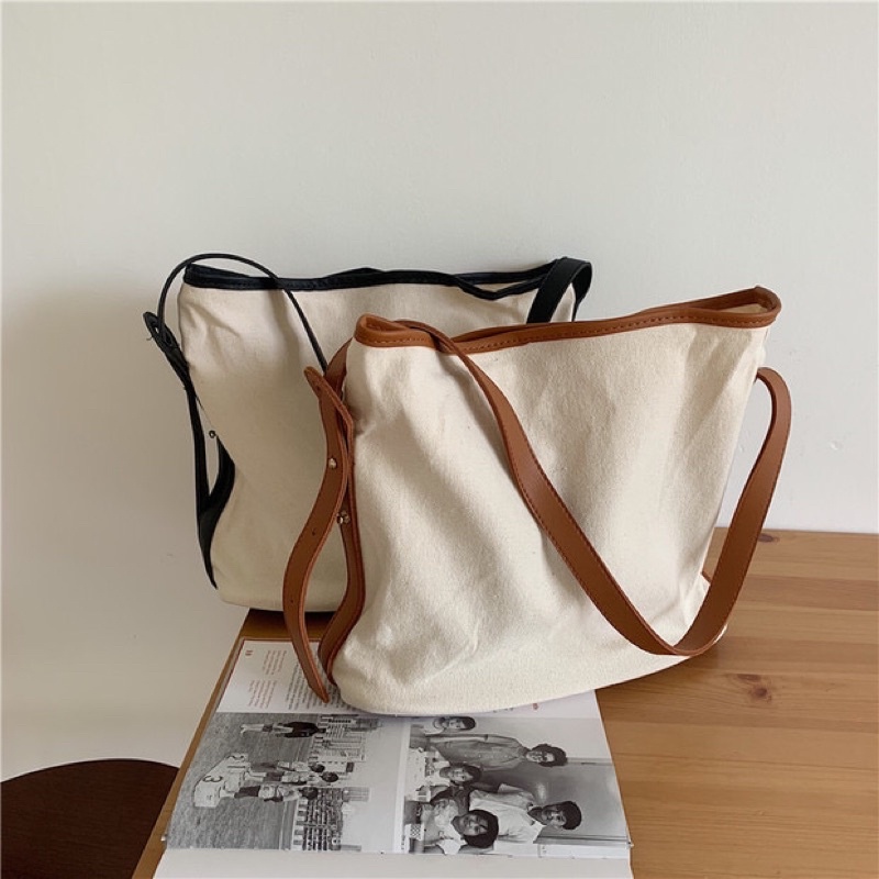 Túi đeo chéo vải canvas quai da 2in1 kèm ví nhỏ (có sẵn)
