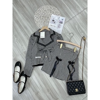 Set áo dạ cổ nơ tiểu thư mix chân váy