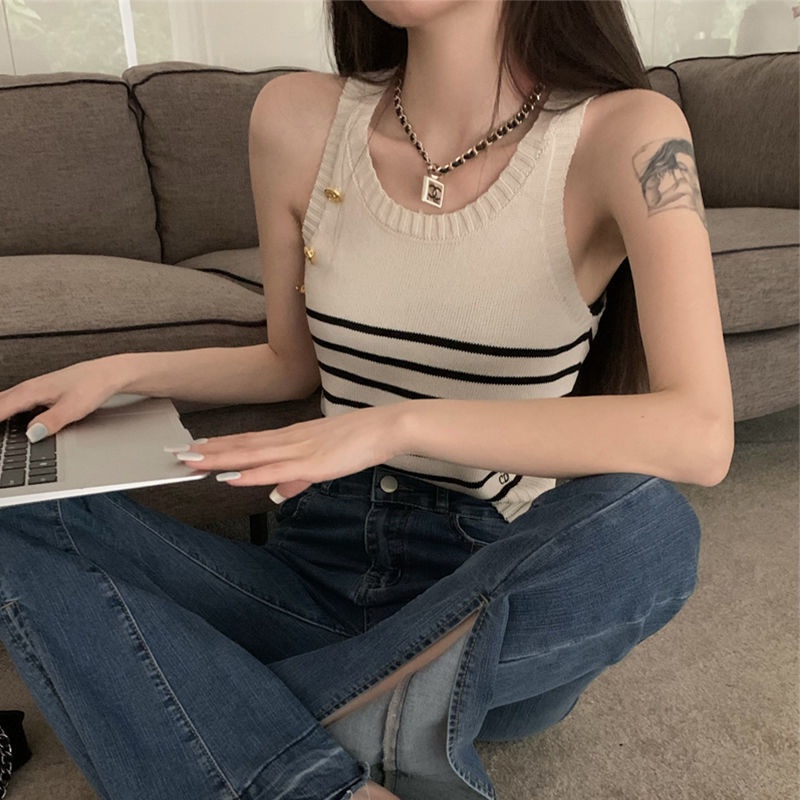 Áo hai dây ZHELIHANGFEI dệt kim họa tiết kẻ sọc phong cách quyến rũ