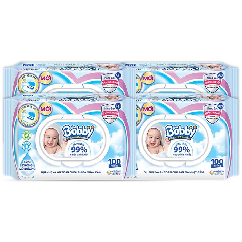 Bộ 4 gói Khăn ướt Bobby không mùi 100 tờ/gói (Xanh)