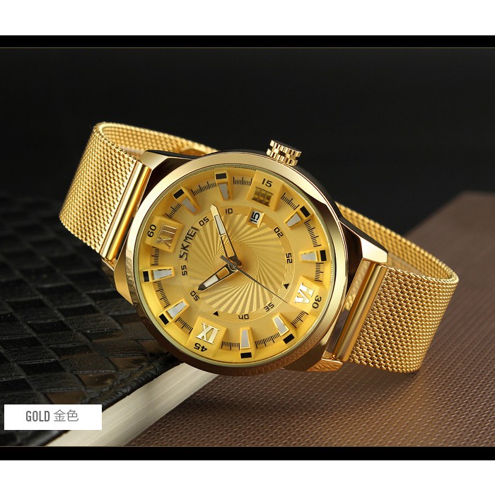 Đồng Hồ Quartz Nam SKMEI 9166 Chống Thấm Nước, Chất Liệu Thép Không Gỉ Mạ Vàng