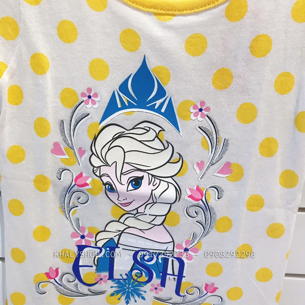 Áo thun tay ngắn trẻ em hình công chúa Anna Elsa (Frozen) màu trắng chấm bi vàng size XS cho bé gái 5 tuổi (Mỹ US-UK)