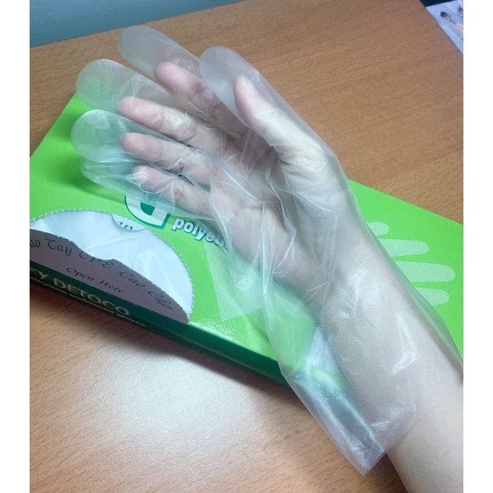 Găng tay thực phẩm, găng tay làm bếp DETCOC, nấu ăn, rửa chén, nhựa CPE, size S, M, hộp 100 cái.