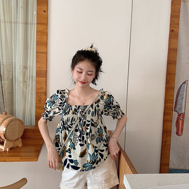 Áo kiểu tay ngắn phồng cổ vuông họa tiết hoa thời trang mùa hè dành cho phái nữ