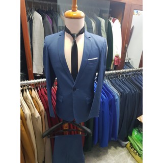 Bộ Đồ Vest Nam Cao Cấp Màu Xanh Ôm Body Chất Liệu Vải Mềm Mịn Tặng Cà Vạt Nơ