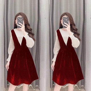 VÁY NHUNG CỔ YẾM PHỐI REN HOA TUYẾT 2 MÀU ĐEN ĐỎ CỰC XINH