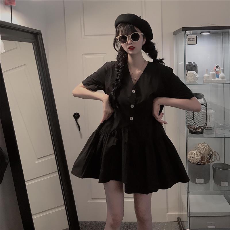 Đầm Tay Ngắn Cổ Chữ V Dáng Rộng Thiết Kế Lệch Tà Phong Cách Hàn Quốc Thời Trang Mùa Hè Hàng Mới Dành Cho Bạn Nữ 2021