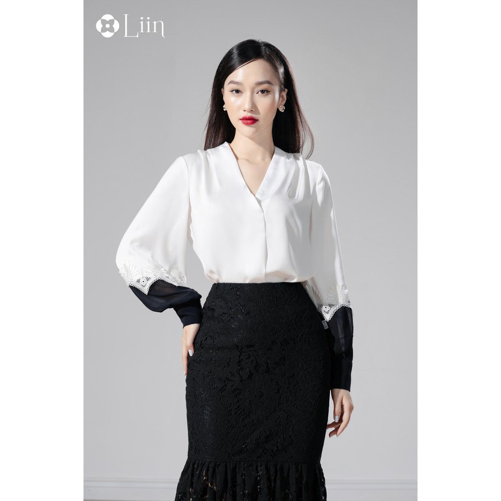 Áo sơ mi nữ công sở màu Trắng Cổ Tay màu Đen chất lụa đẹp sang trọng Liin Clothing SM3111