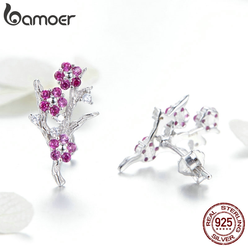Khuyên tai Bamoer bằng bạc 925 hình cây hoa mận sang trọng phù hợp làm quà tặng cho nữ