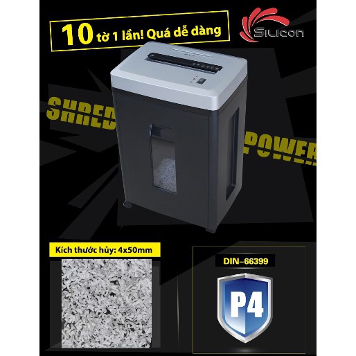 Máy hủy tài liệu mini cắt giấy tự động Silicon PS-610C,10 tờ/lần,hủy vụn 4x50mm, thùng giấy 21 Lít, Huỷ đĩa CD / DVD