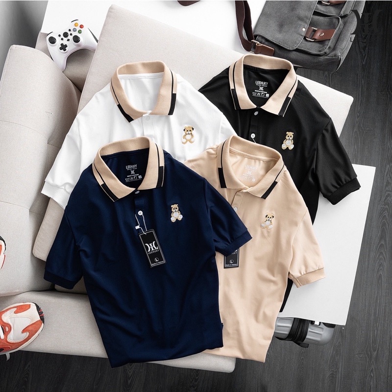 Áo thun nam, áo polo nam có cổ cộc tay hàng cao cấp thêu gấu chất liệu vải cá sấu poly dày dặn thoáng mát
