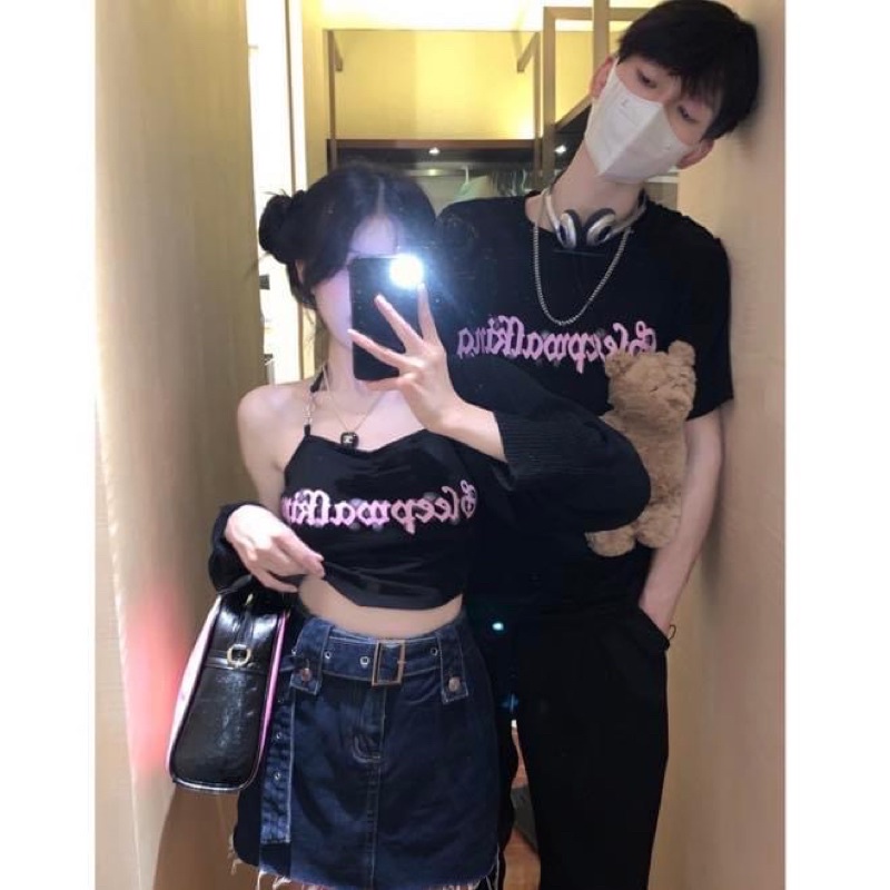 Áo thun tay ngắn oversize form rộng / Áo yếm croptop nữ in chữ cặp nam nữ - Order taobao quảng châu