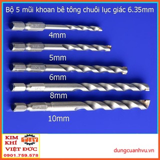 Bộ 5 mũi khoan bê tông chuôi lục giác 4 - 10mm cho khoan pin, điện