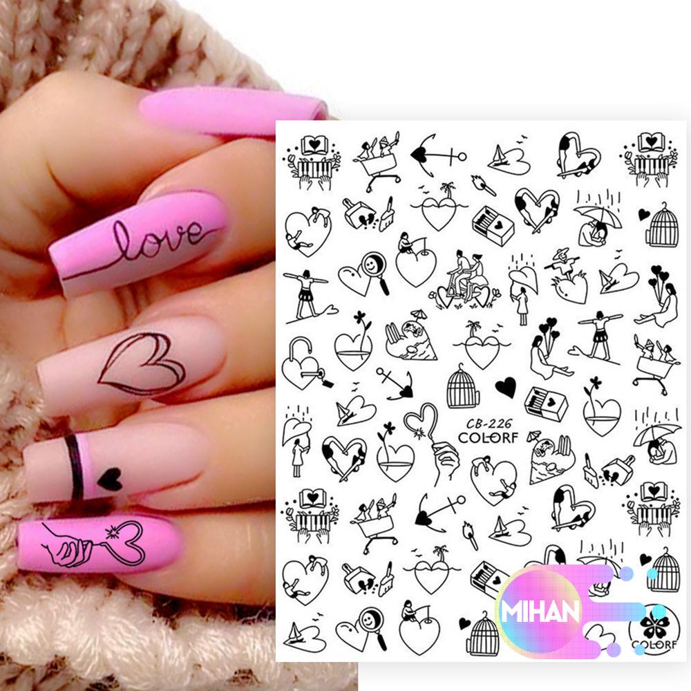 [Hàng mới về] Miếng dán trang trí móng tay họa tiết trái tim màu đen 3d diy