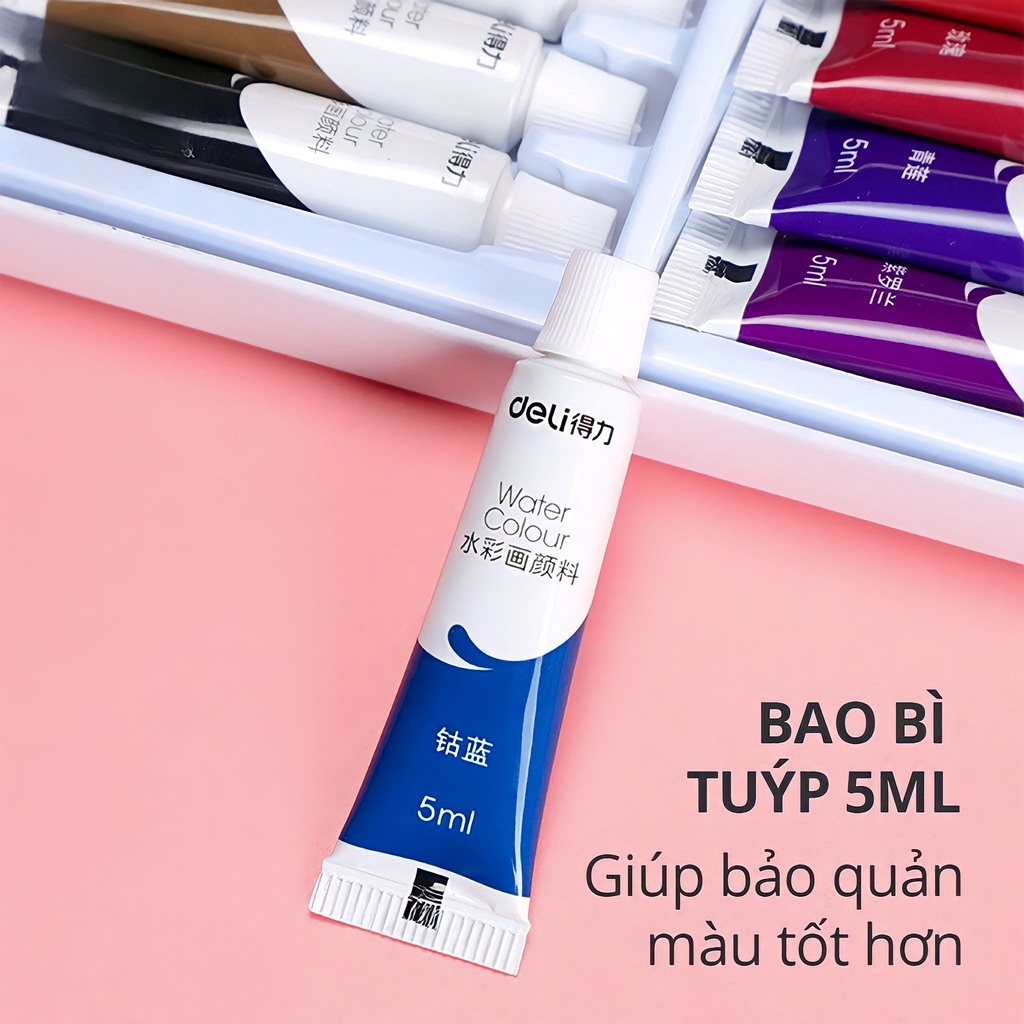 Màu nước dạng tuýp chuyên nghiệp Deli - Tặng kèm cọ vẽ tranh và khay pha màu - Bộ 12 màu / 24 màu MNC245
