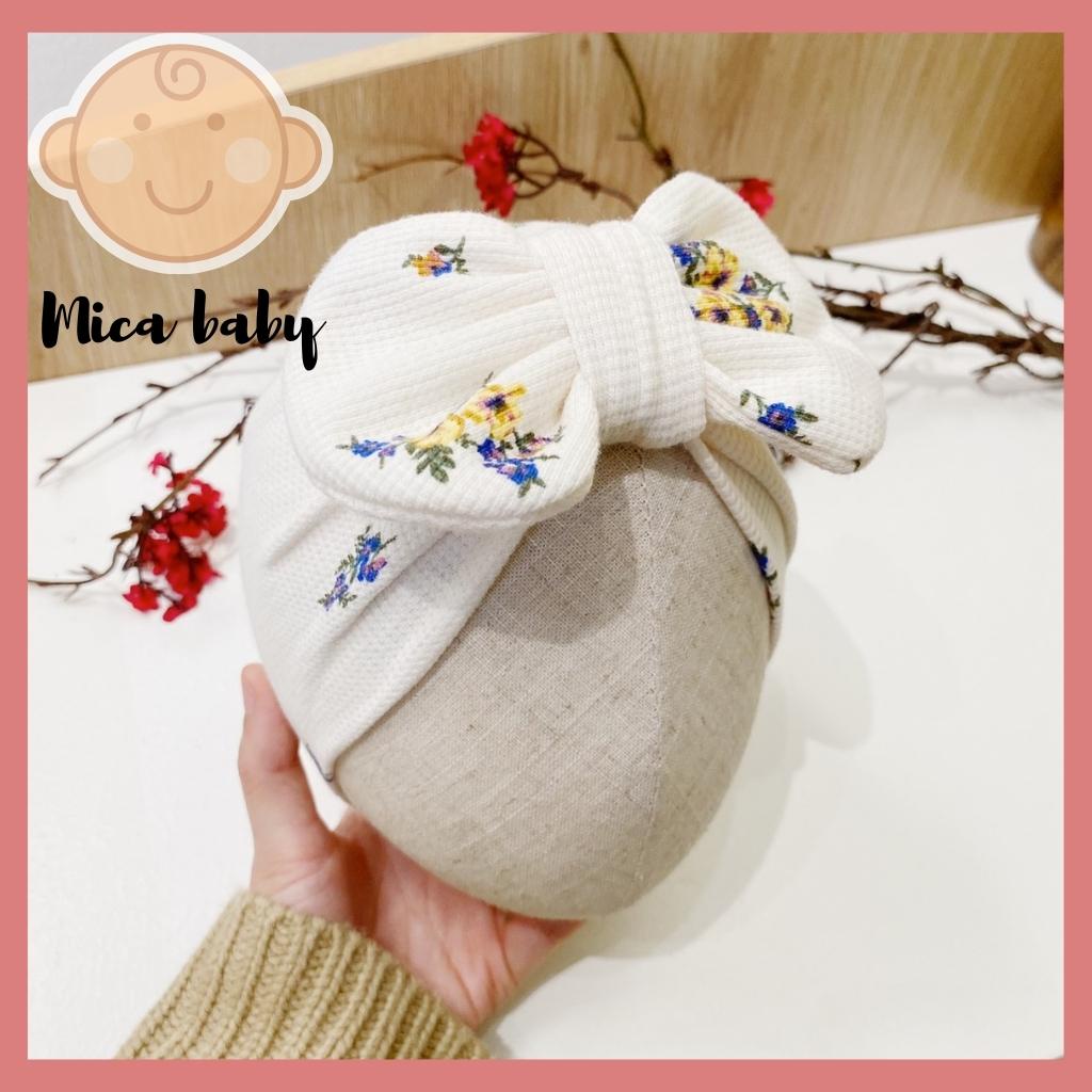 Mũ nón turban nơ trắng họa tiết hoa dễ thương cho bé 6-10kg Mica baby MTB82
