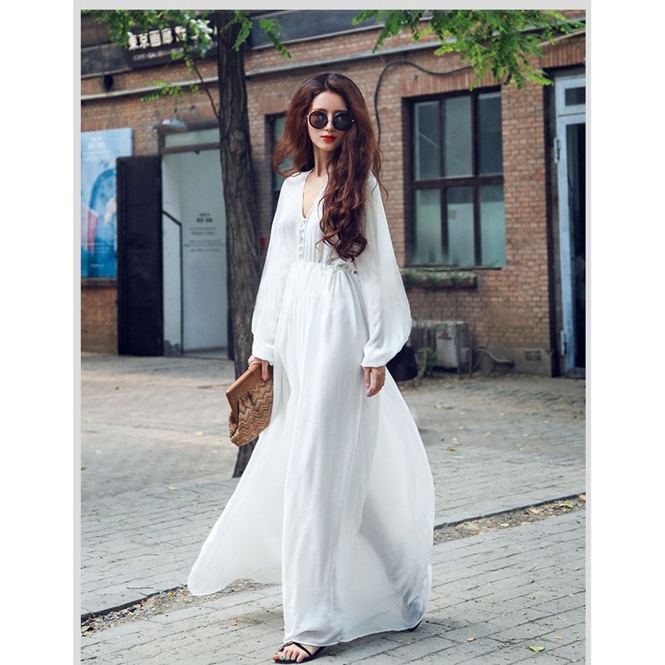 Đầm trắng tay dài cổ chữ V phong cách Bohemian | BigBuy360 - bigbuy360.vn