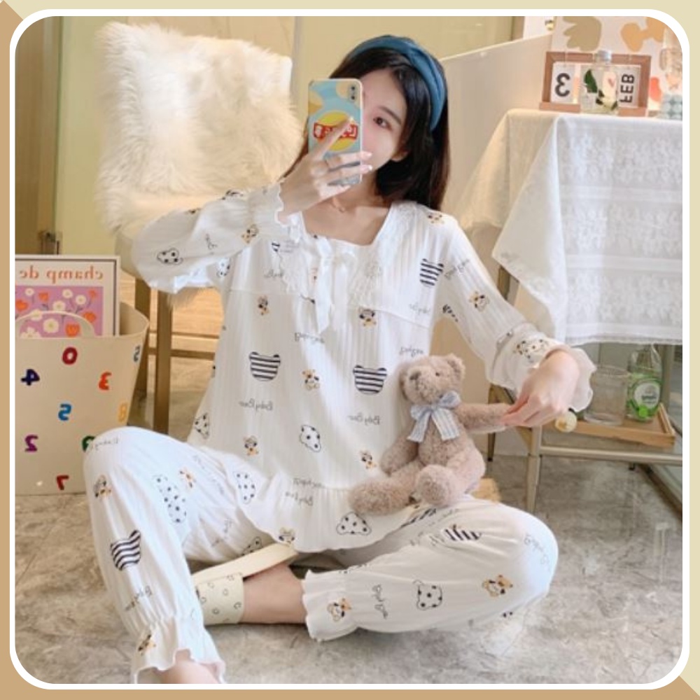 Bộ ngủ nữ thu đông tiểu thư sang trọng, chất cotton tăm phối ren phong cách bánh bèo tiểu thư Nogin - BT03