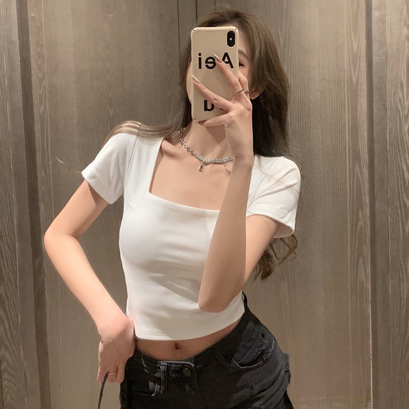 Áo Croptop Cổ Vuông Ôm Ngắn Tay, Áo Croptop nữ ngắn sexy màu TRẮNG | ĐEN Ulzzang