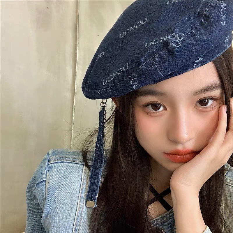[Mã FAMARAL1 giảm 10K đơn 50K](Hot Tik Tok)Mũ nồi denim dây xích có thể tháo rời phong cách hàn quốc