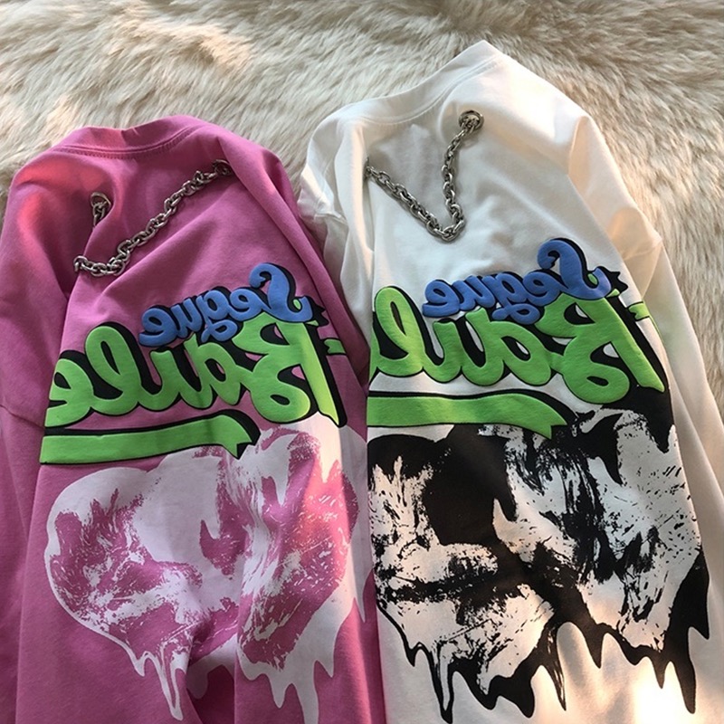 Áo Thun Tay Lỡ Phối Dây Xích Thời Trang Cá Tính 191159Phiên Bản Hàn Quốc In Áo Cổ Tròn Hợp Thời Trang