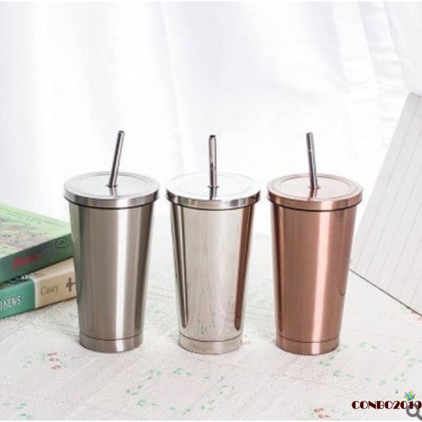 Cốc uống nước bằng thép không gỉ 500ml kèm ống hút